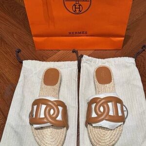 Hermès Tan Leather Logo Slide Sandals